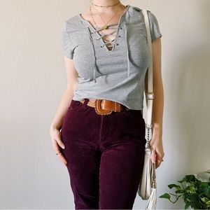 Grey Lace Up Grommet Top